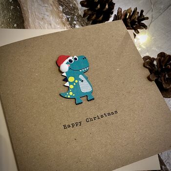 Personalised Dinosaur Pom Pom Happy Christmas Card, 2 of 2