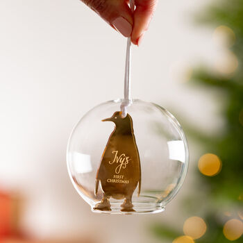 Personalised First Christmas Penguin Dome Bauble, 2 of 3