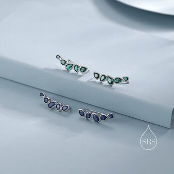 Sterling Silver Sapphire Blue Droplet Cz Cluster Crawler Earrings, 5 of 12