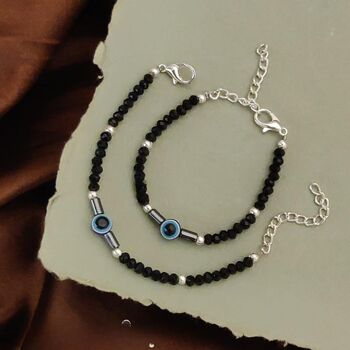 Black Beaded Evil Eye Kids Nazar Bracelets In Silver, 3 of 3