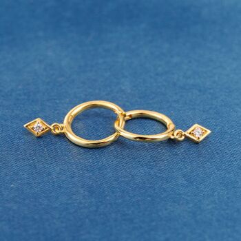 Gold Hoop Earrings With Diamond Shaped Charm, 4 of 7