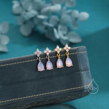Sterling Silver Four Cz And Droplet Stud Earrings With Opal Pink C Zs, 4 of 12