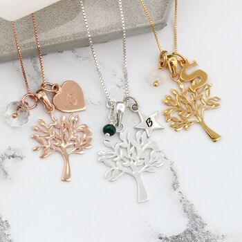 Tree Of Life Necklace Pesonalised With Her Initial And Birthstone Charms, 7 of 11