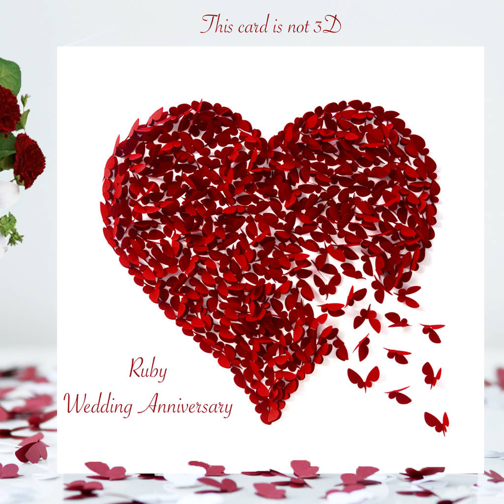 Butterfly Ruby Wedding Anniversary Card Heart Card By Inkywool
