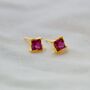 Yellow Gold Princess Cut Birthstone Earrings July Ruby, thumbnail 1 of 5