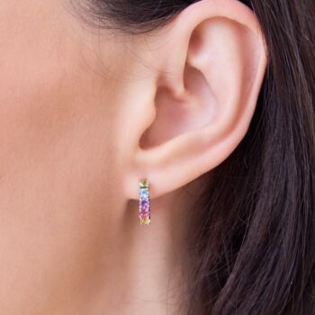 Rainbow Gemstone Huggie Hoop Earrings In Sterling Silver And Gold, 2 of 11