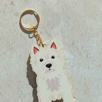 West Highland Terrier Dog Wooden Keyring With Optional Christmas Card, 7 of 11