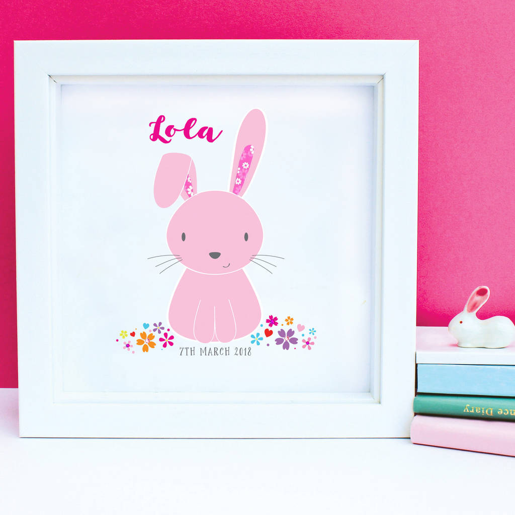 personalised baby girl rabbit framed artwork by sweet dimple