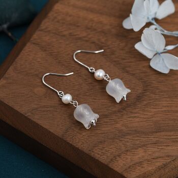 Sterling Silver Carved Jade Lily Of The Valley Earrings With Natural Freshwater Pearls, 4 of 12