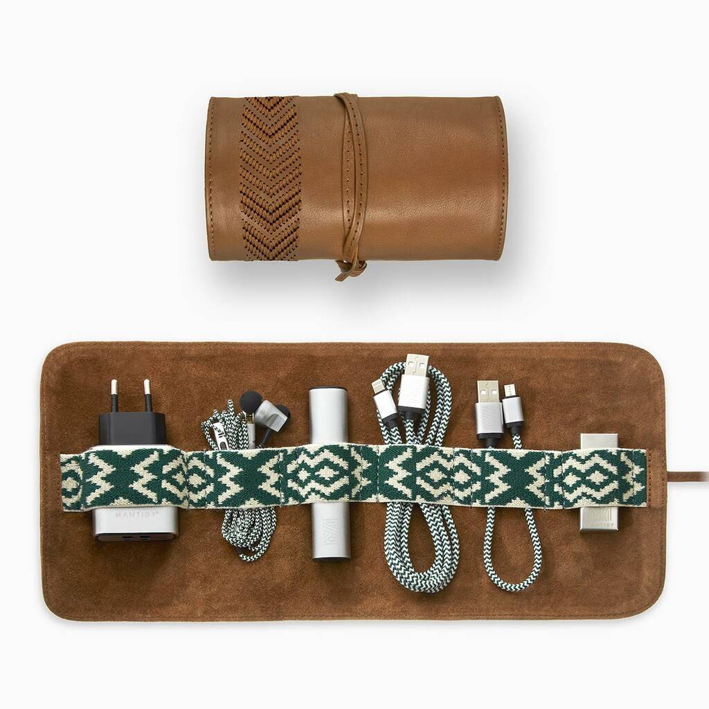 Leather Tech Roll Organiser With Optnl Access., Tan, 1 of 5