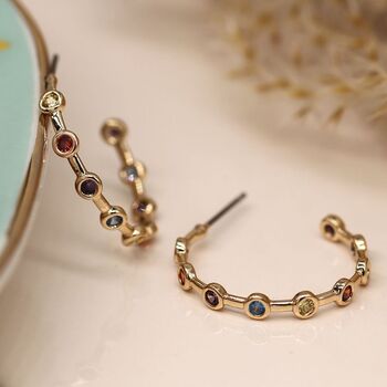 Faux Gold Open Hoop Earrings With Multicolour Crystals, 2 of 3