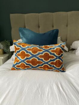Blue And Rust Orange Velvet Cushion, 2 of 4