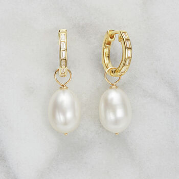 Diamond Style Baguette Pearl Drop Hoop Earrings, 6 of 11