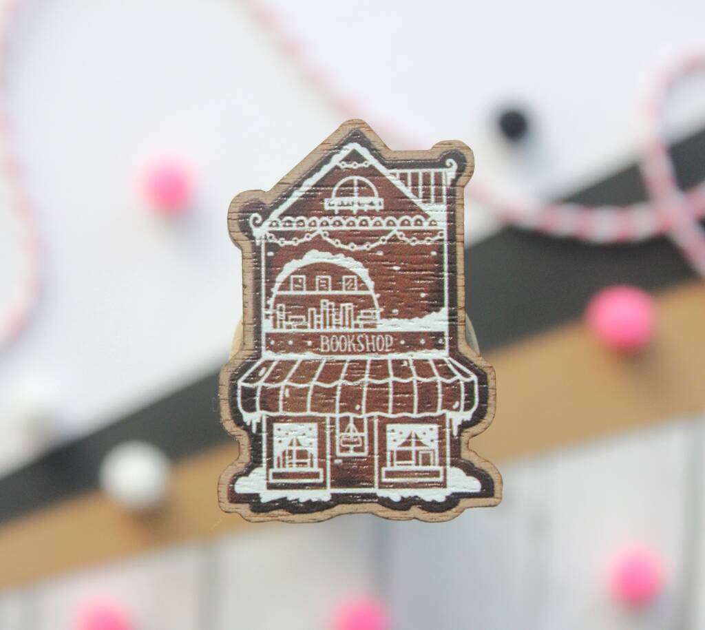 Christmas Wooden Pin Badge, Gingerbread Bookshop, 1 of 6