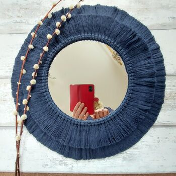 Handmade Medium Fringed Macrame Mirror, Macrame Bedroom Wall Mirror, 2 of 10