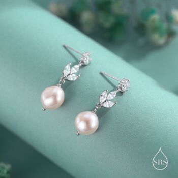 Sterling Silver Cz And Genuine Freshwater Pearl Drop Earrings, 2 of 11