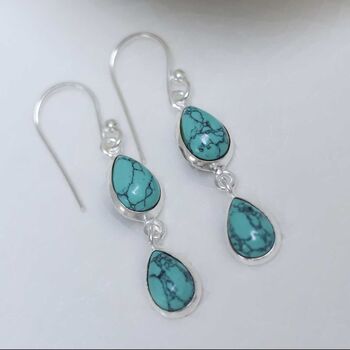 Sterling Silver Double Turquoise Dangly Teardrops, 3 of 4