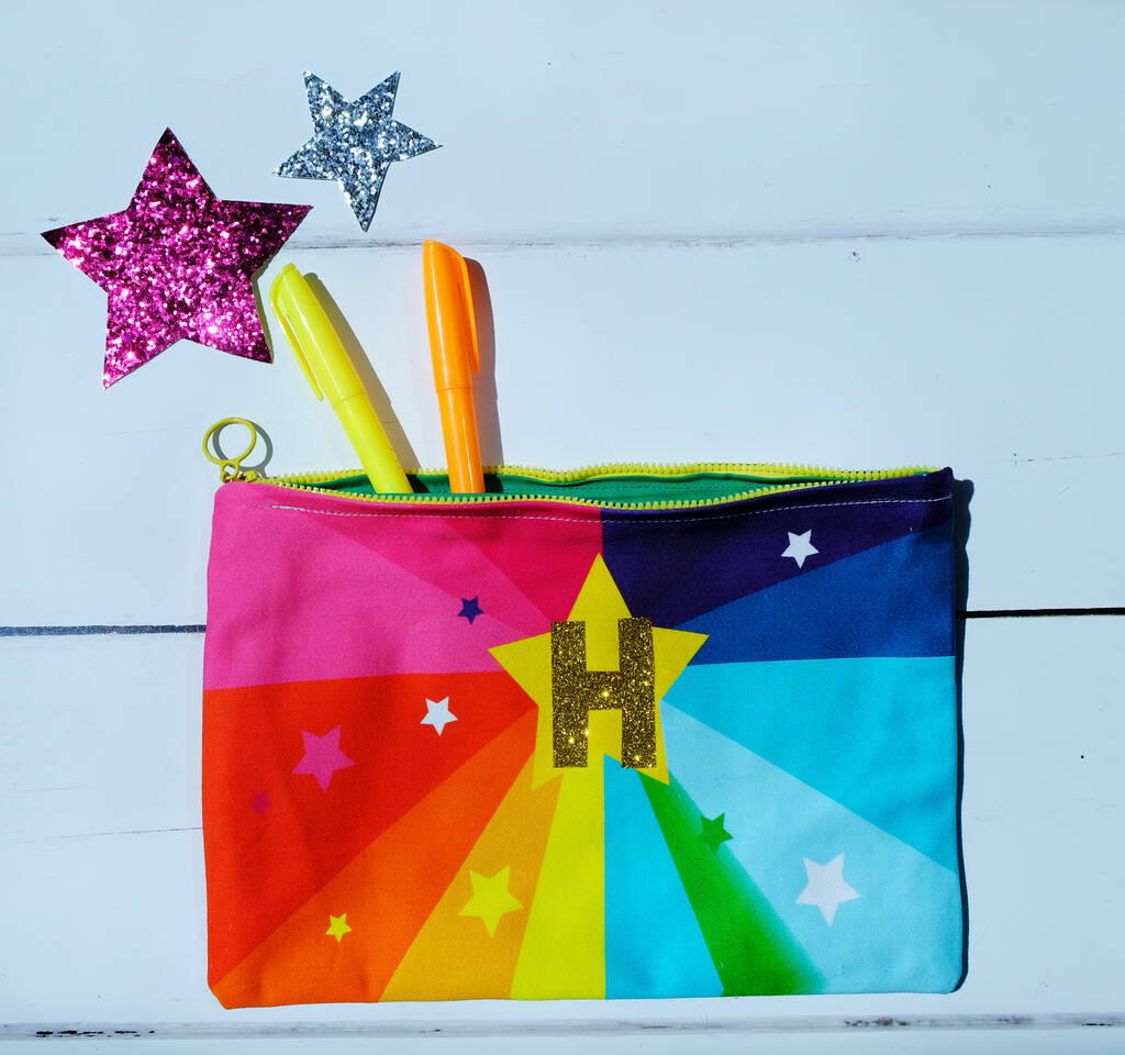 Personalised Pencil Case Pouch Rainbow Starburst Print, 1 of 2