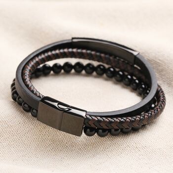 Personalised Onyx Bead Leather Triple Layered Bracelet, 6 of 8