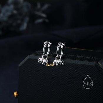 Sterling Silver Rhino Dangle Huggie Hoops, 5 of 11