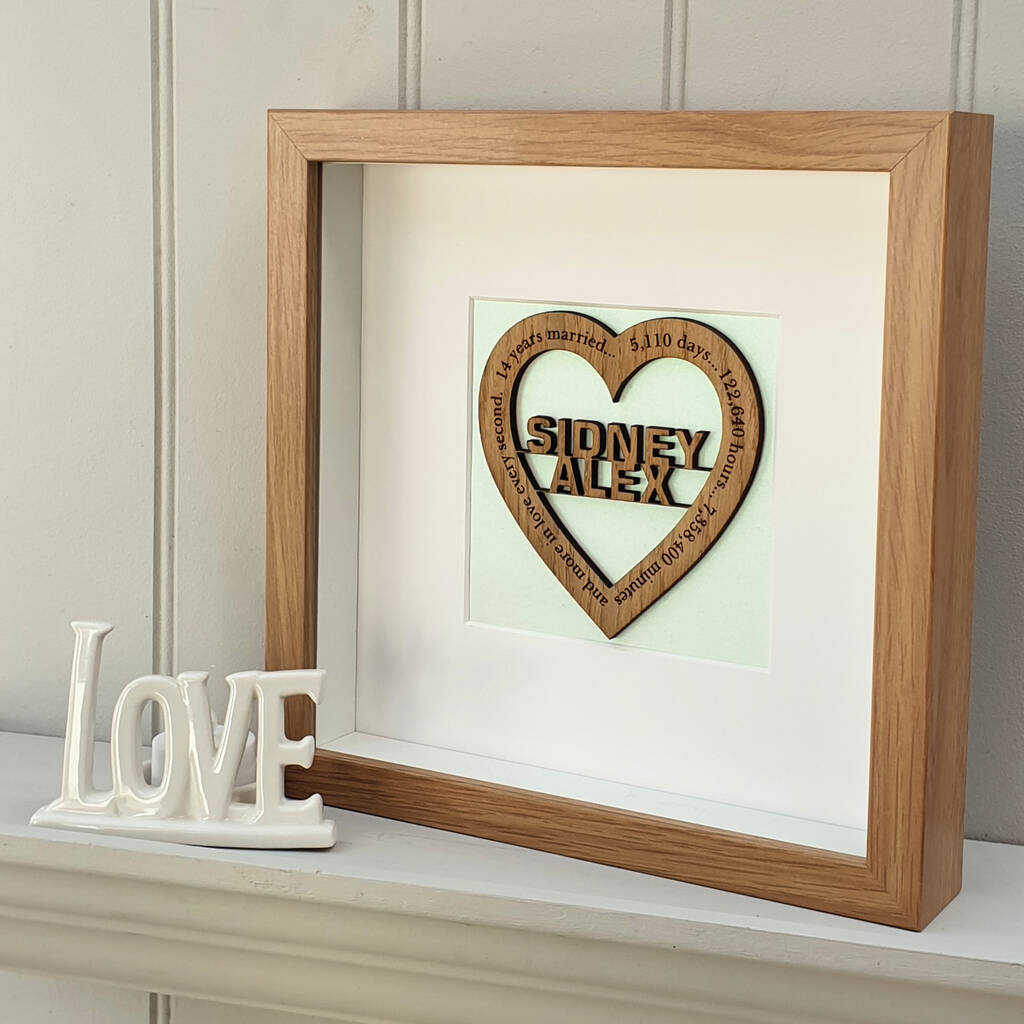 14th Ivory Wedding Anniversary Personalised Oak Heart By