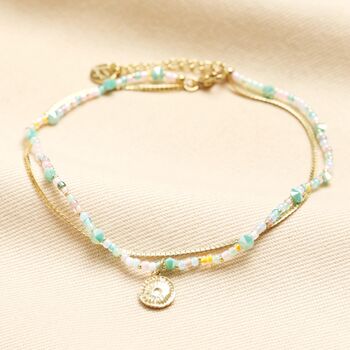 Stainless Steel Double Layer Sun Charm Beaded Anklet In Gold, 3 of 4