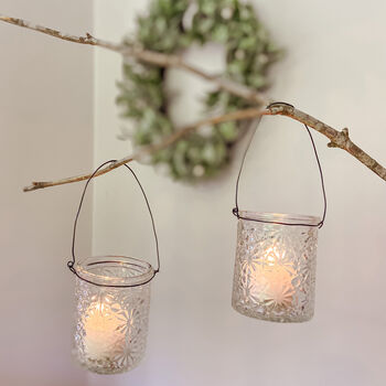Two Pressed Glass Tea Light Holders With Wire Hanger, 6 of 8