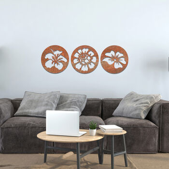 Set Of Three Round Flower Panels Metal Wall Art, 8 of 11