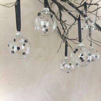 Set Of Six Monochrome Baubles Black And White Christmas Decor Bauble Set, 3 of 7