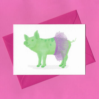 Green Ballerina Pig Illustrated Blank Greeting Card, 4 of 11