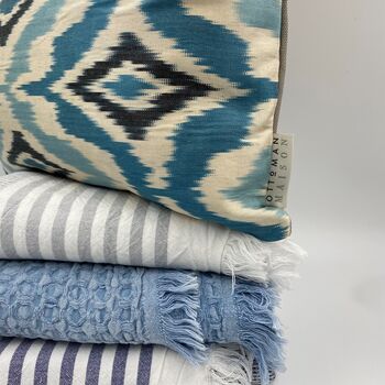 Square Ikat Silk Cushion Blue Diamond, 9 of 11