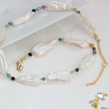 White Long Biwa Pearl And Colouful Gemstone Necklace, 2 of 11