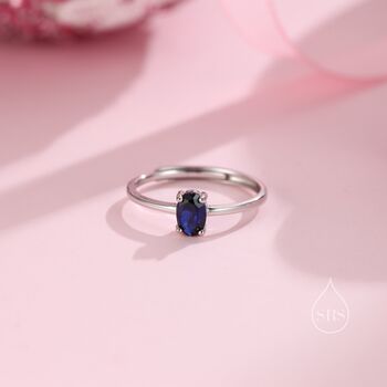 Sterling Silver Created Blue Sapphire Oval Ring, 2 of 12