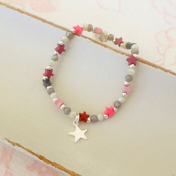 Pink Beaded Bracelet With Silver Plated Star Charm, 3 of 4