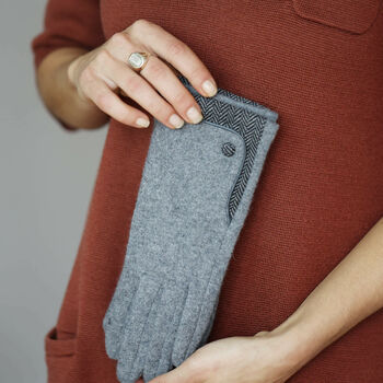 Merino Wool Touch Screen Gloves With Herringbone Cuff, 2 of 12