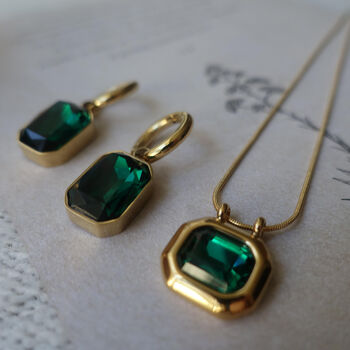 Emerald Gold Necklace Earring Set Personalised Pouch, 4 of 7