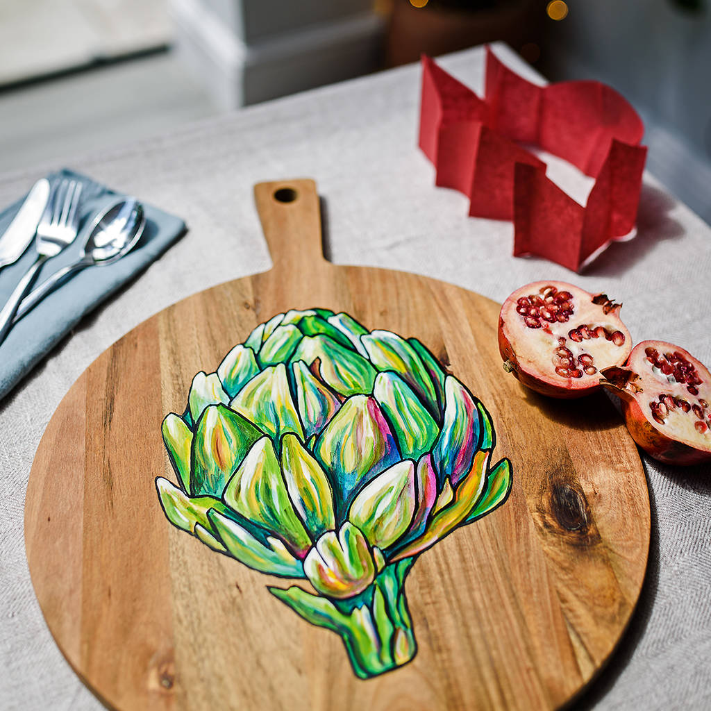 hand painted artichoke design wooden board by alex ebdon art