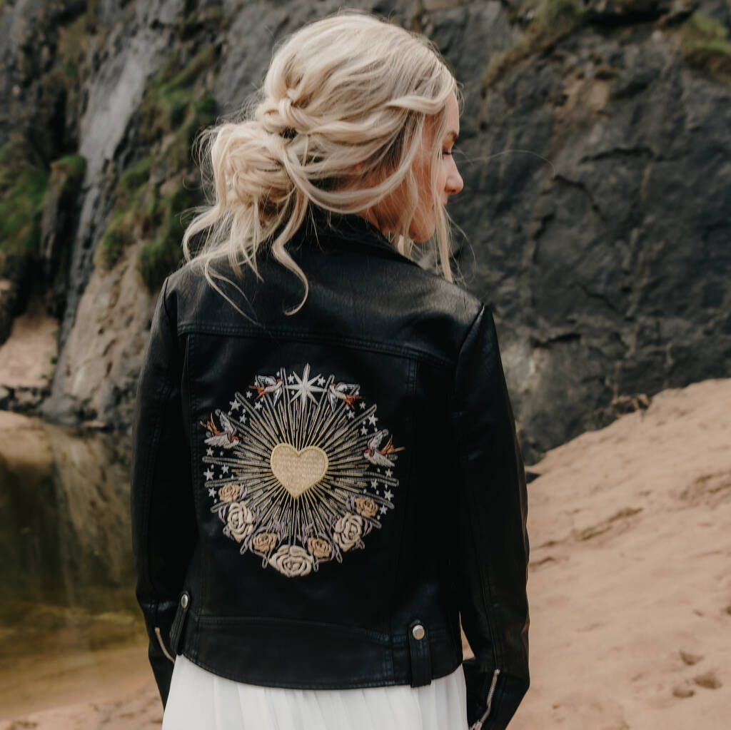Gold Celestial Love Embroidered Bridal Leather Jacket, 1 of 9