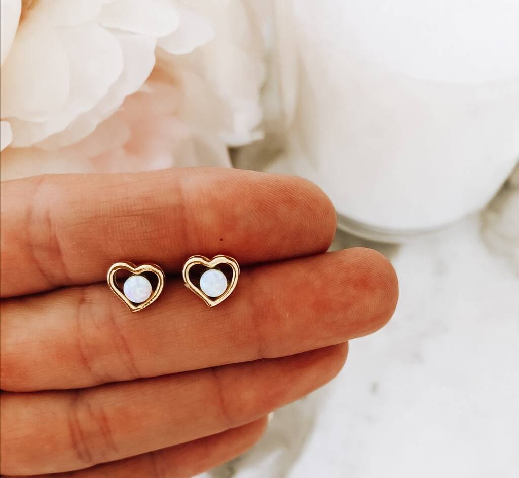 24k Gold Plated White Opal Heart Stud Earrings By EUNOIA