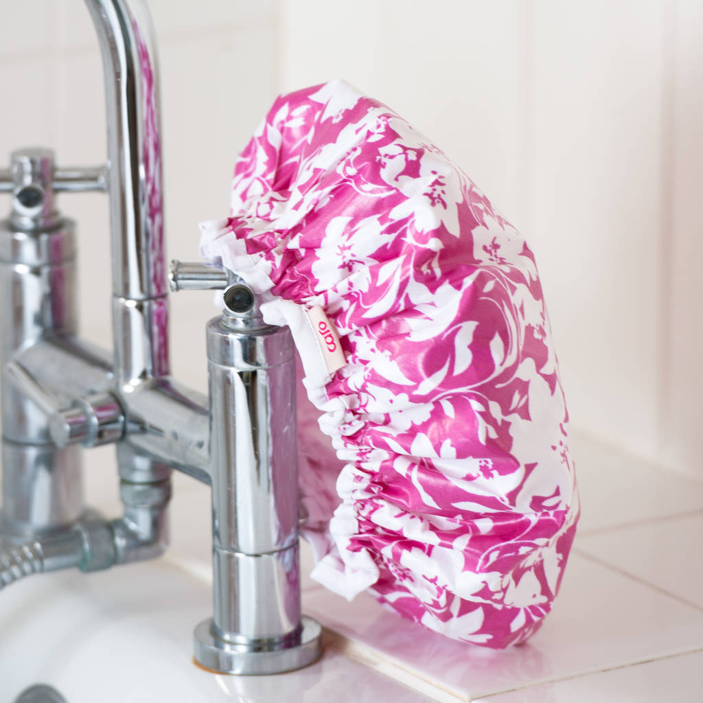 Waterproof Shower Cap In Hot Pink Tropical Print By Caro London