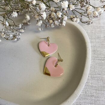 Pink Heart Ceramic Earrings 22k Gold Lustre, 2 of 4