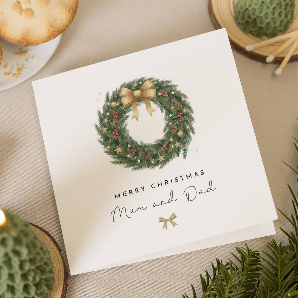 Personalised Wreath Christmas Card For Mum And Dad, 1 of 7