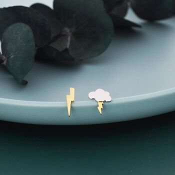 Mismatched Lightning Bolt And Cloud Stud Earrings In Sterling Silver, 2 of 10
