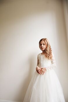 Long Sleeve Flower Girl Dress – Pearl Buttons And Tulle Skirt Ankle Length, Handmade UK, 3 of 8