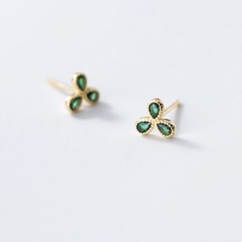 Sterling Silver Green Crystal Trio Stud Earrings, 2 of 4