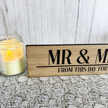 Personalised Oak Mr Mrs Wedding Sign With Names And Date, 3 of 4