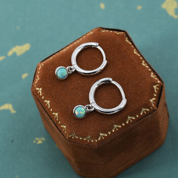 Sterling Silver Hoops With Tiny Dangling 3mm Green Opal, 5 of 12