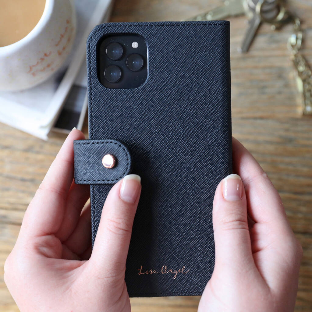 Personalised Black Vegan Leather iPhone 11 Case By Lisa Angel