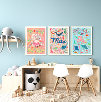 Under The Sea Nursery Wall Art Set | Personalised Sea Life Prints, 4 of 13