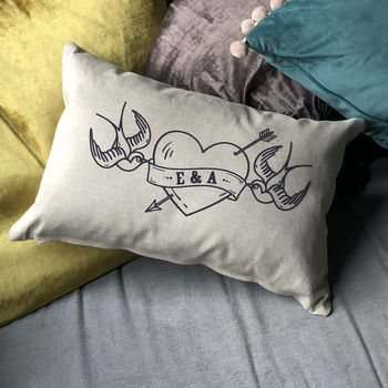 Personalised Flock And Linen Love Birds Tattoo Cushion, 2 of 3